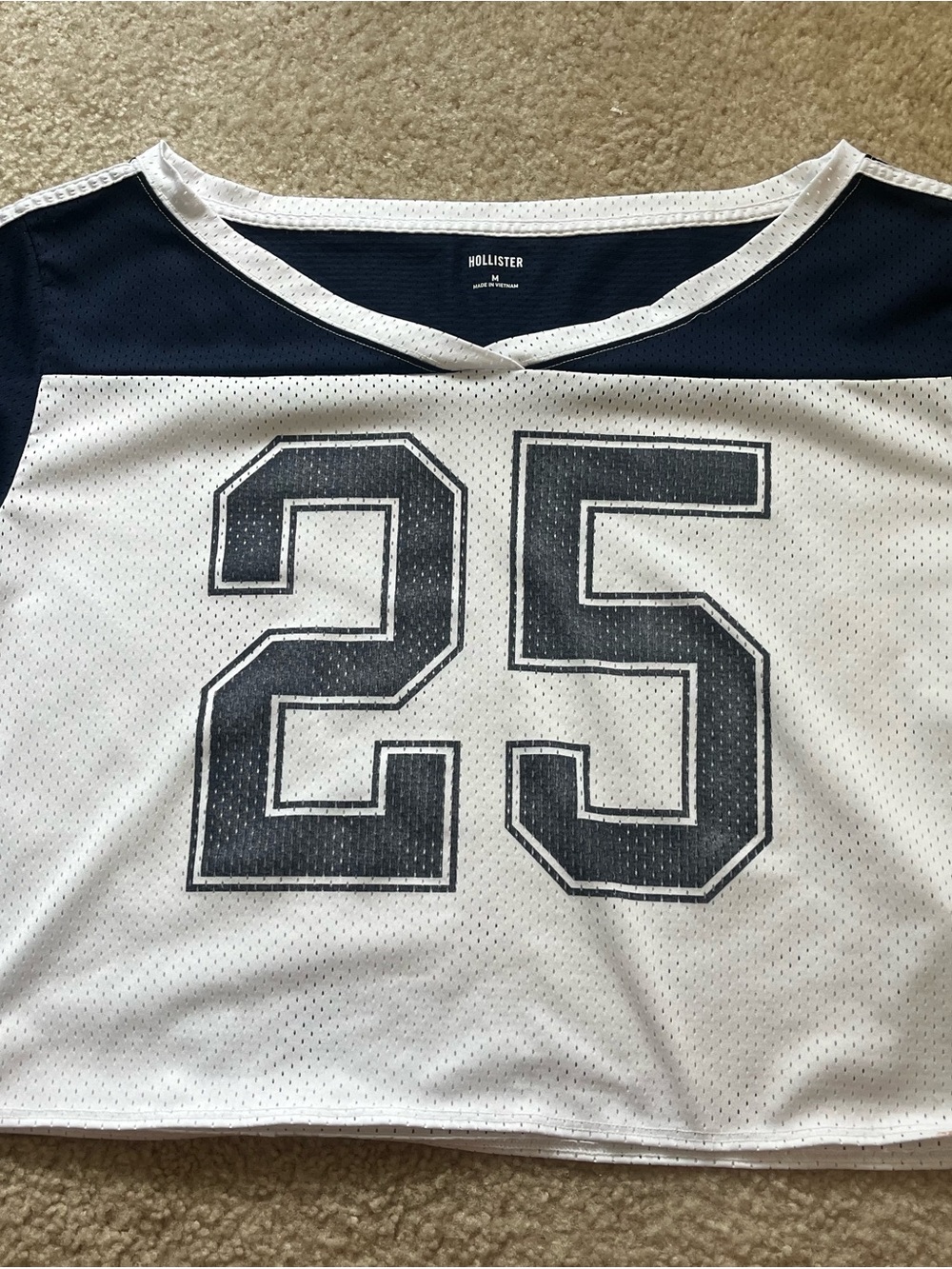 Hollister White & Navy Mesh Crop Jersey with '25'